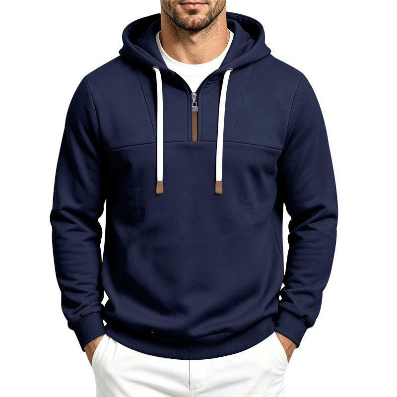 Half-zip hoodie leather zipper pull detail