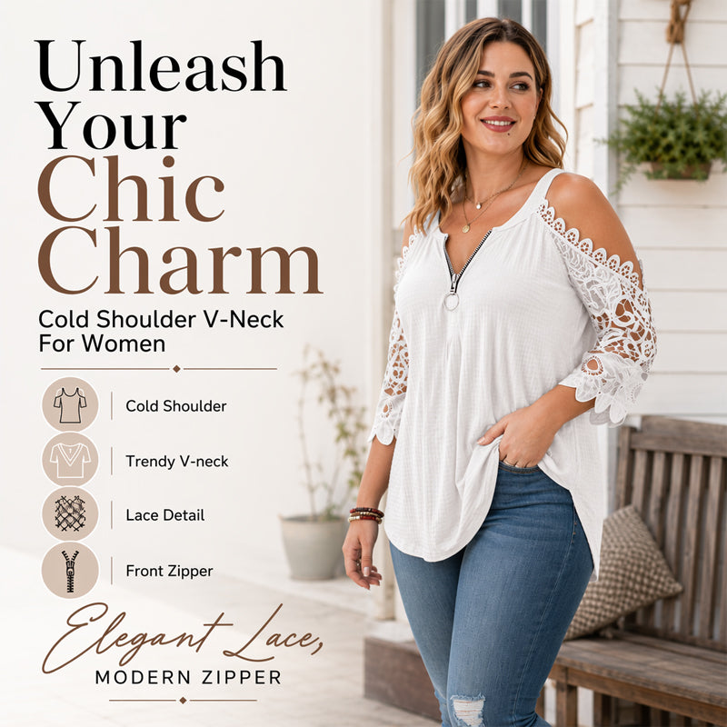 Women's Elegant Lace Off Shoulder Top – Feminine Zip-Up Blouse for Party & Everyday Style