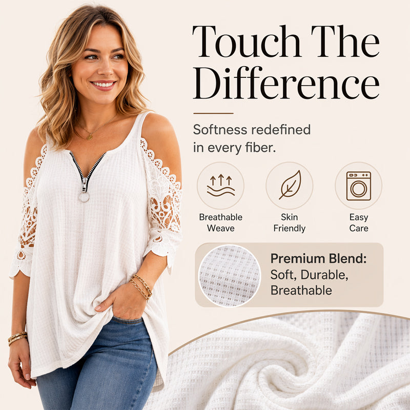 Women's Elegant Lace Off Shoulder Top – Feminine Zip-Up Blouse for Party & Everyday Style