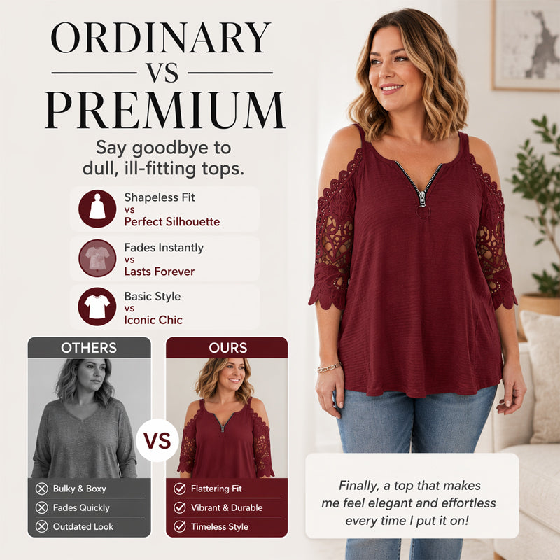 Women's Elegant Lace Off Shoulder Top – Feminine Zip-Up Blouse for Party & Everyday Style