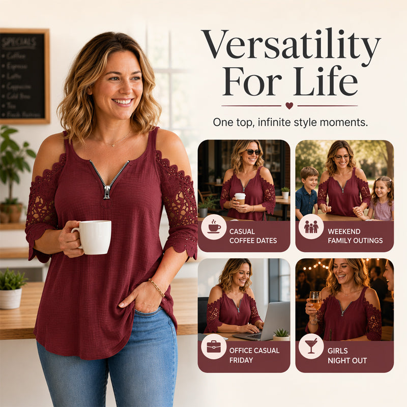 Women's Elegant Lace Off Shoulder Top – Feminine Zip-Up Blouse for Party & Everyday Style