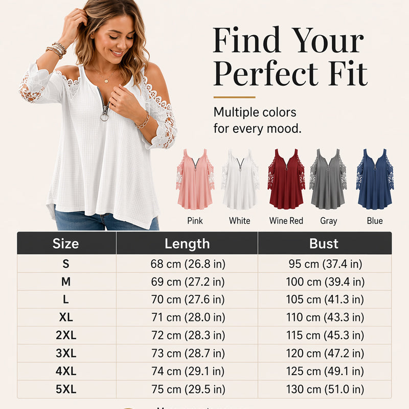 Women's Elegant Lace Off Shoulder Top – Feminine Zip-Up Blouse for Party & Everyday Style