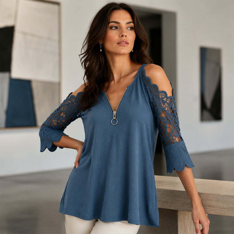 Women's Elegant Lace Off Shoulder Top – Feminine Zip-Up Blouse for Party & Everyday Style