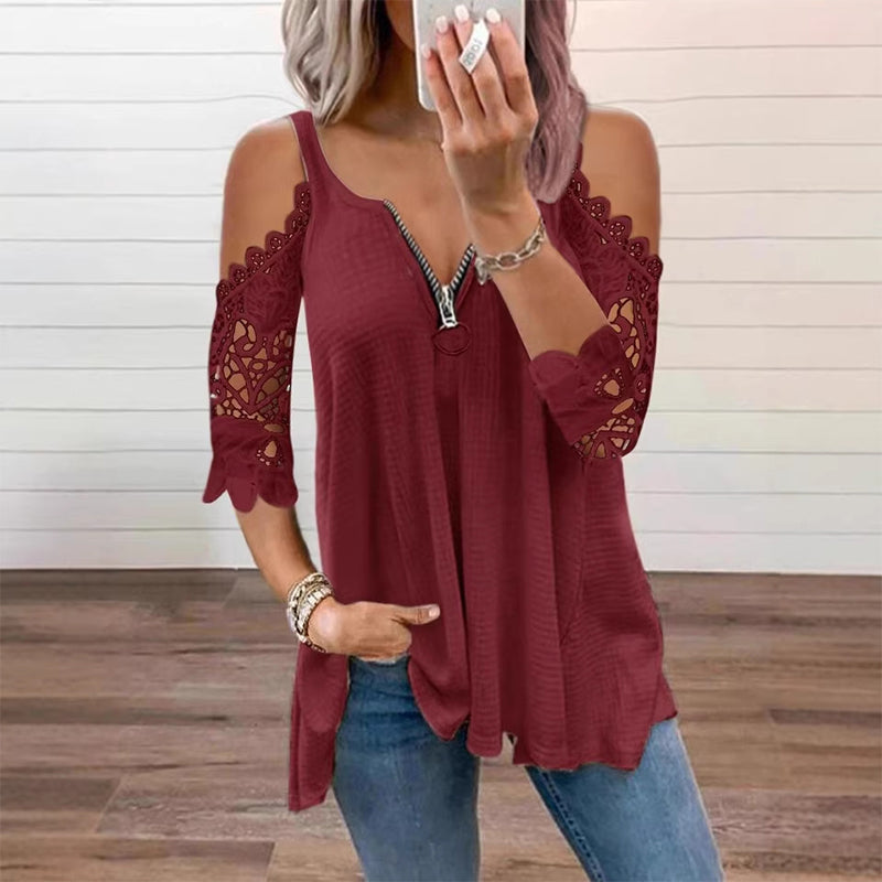 Women's Elegant Lace Off Shoulder Top – Feminine Zip-Up Blouse for Party & Everyday Style