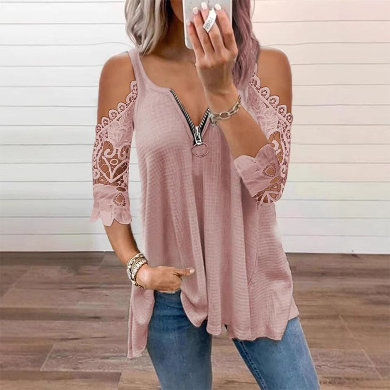 Women's Elegant Lace Off Shoulder Top – Feminine Zip-Up Blouse for Party & Everyday Style