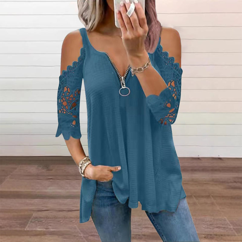 Women's Elegant Lace Off Shoulder Top – Feminine Zip-Up Blouse for Party & Everyday Style