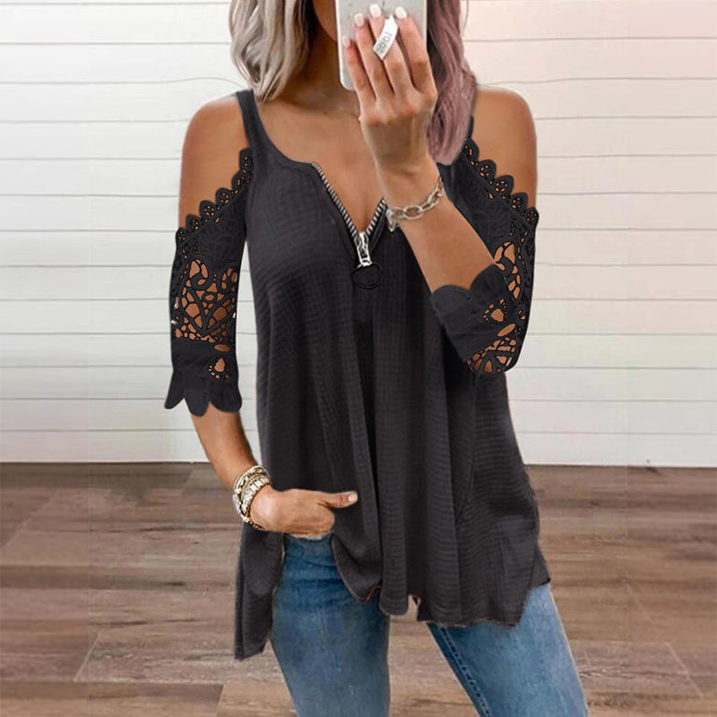Women's Elegant Lace Off Shoulder Top – Feminine Zip-Up Blouse for Party & Everyday Style