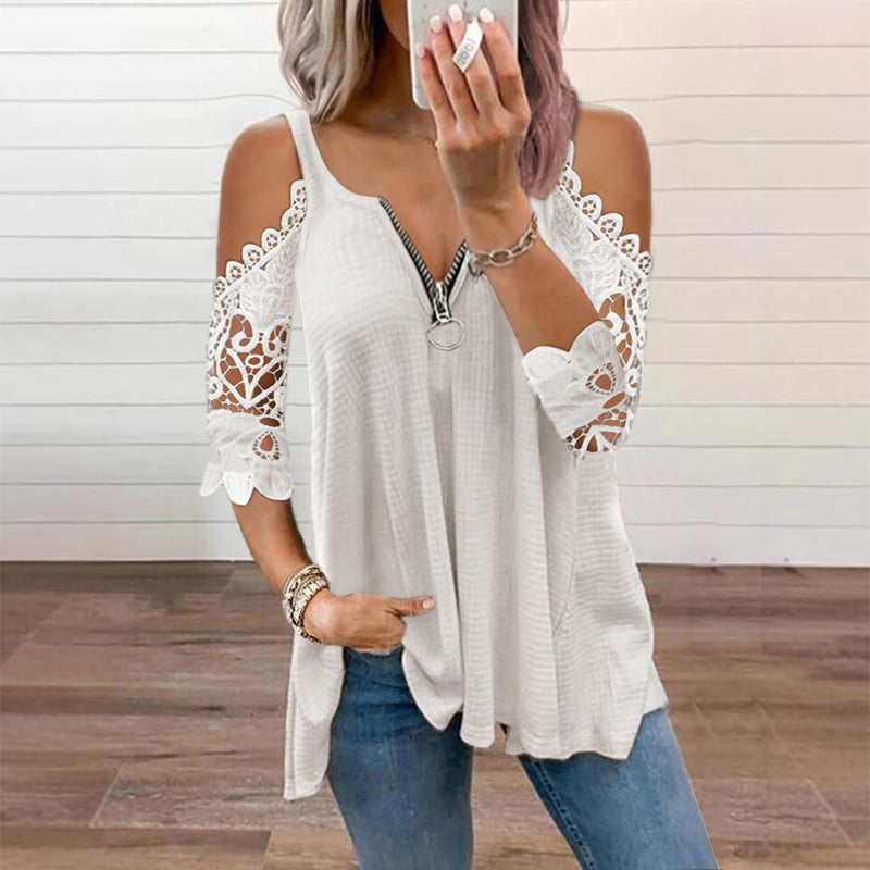 Women's Elegant Lace Off Shoulder Top – Feminine Zip-Up Blouse for Party & Everyday Style